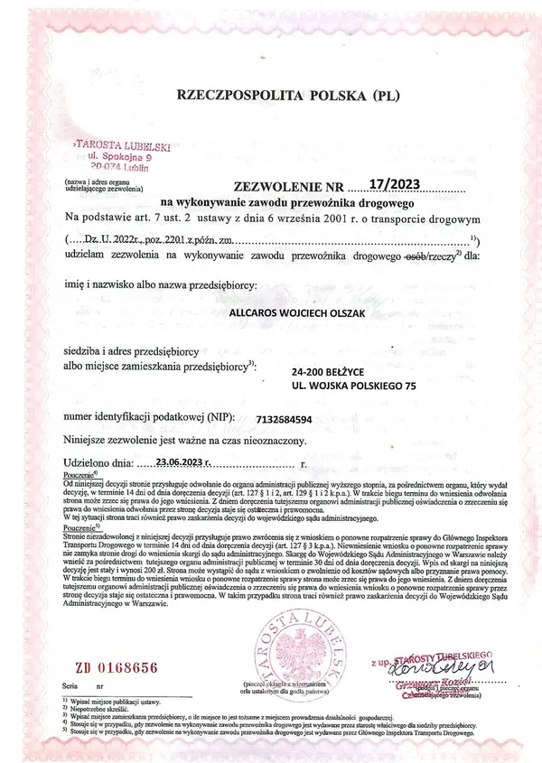 Licencja przewoźnika drogowego Allcaros