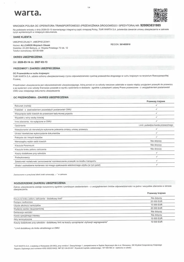 Polisa OC przewoźnika WARTA — 300 000 EUR